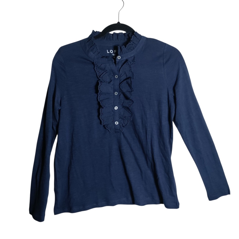 LOFT Navy Blue Eyelet Ruffle Mock Neck Long Sleeve Cotton Top Womens Medium
